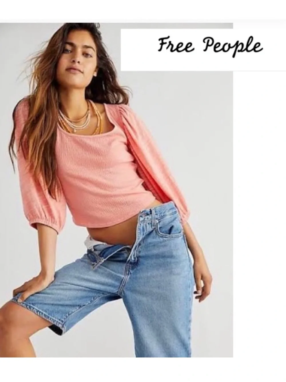 Free People day Lily puff sleeve coral peach  smocked bodice blouse